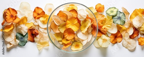 Vegetable organic chips in white glass top view
