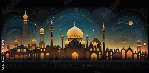 Visually stunning banner featuring an abstract representation of a mosque, surrounded by intricate patterns