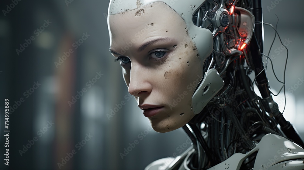 Young android head robot nice woman with part of skin and metal on a face, close up