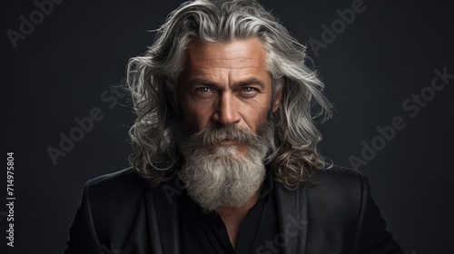 Well maintained 60-year-old man with a confident presence. His hair is a distinguished silver