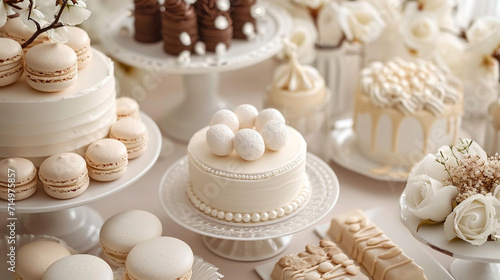 A close-up of a white-themed dessert spread for White Day, featuring an assortment of macarons, cakes, and chocolates adorned with elegant edible pearls. The artistic presentation photo