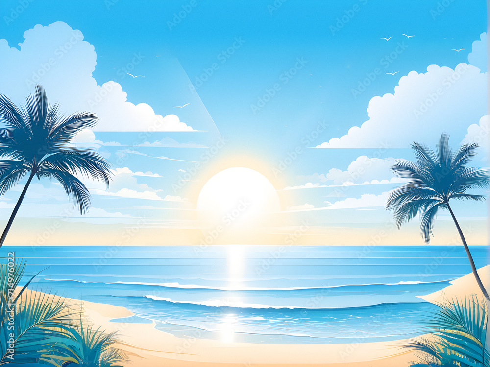 Tranquil Beach Sunrise: Serene Vector Illustration of a Clear Spring Morning with Fluffy Clouds and Calming Ocean Horizon. generative AI