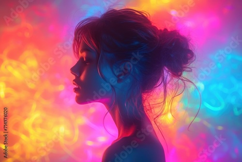 The girl's face in colorful bright neon ultraviolet and purple lights