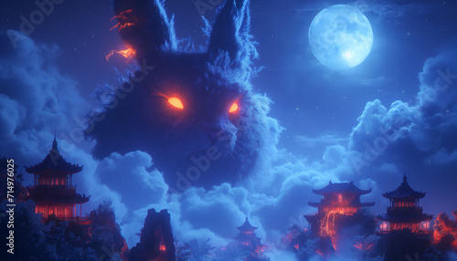 Mystical Rabbit Overlooking an Illuminated Foggy Ancient Asian Village