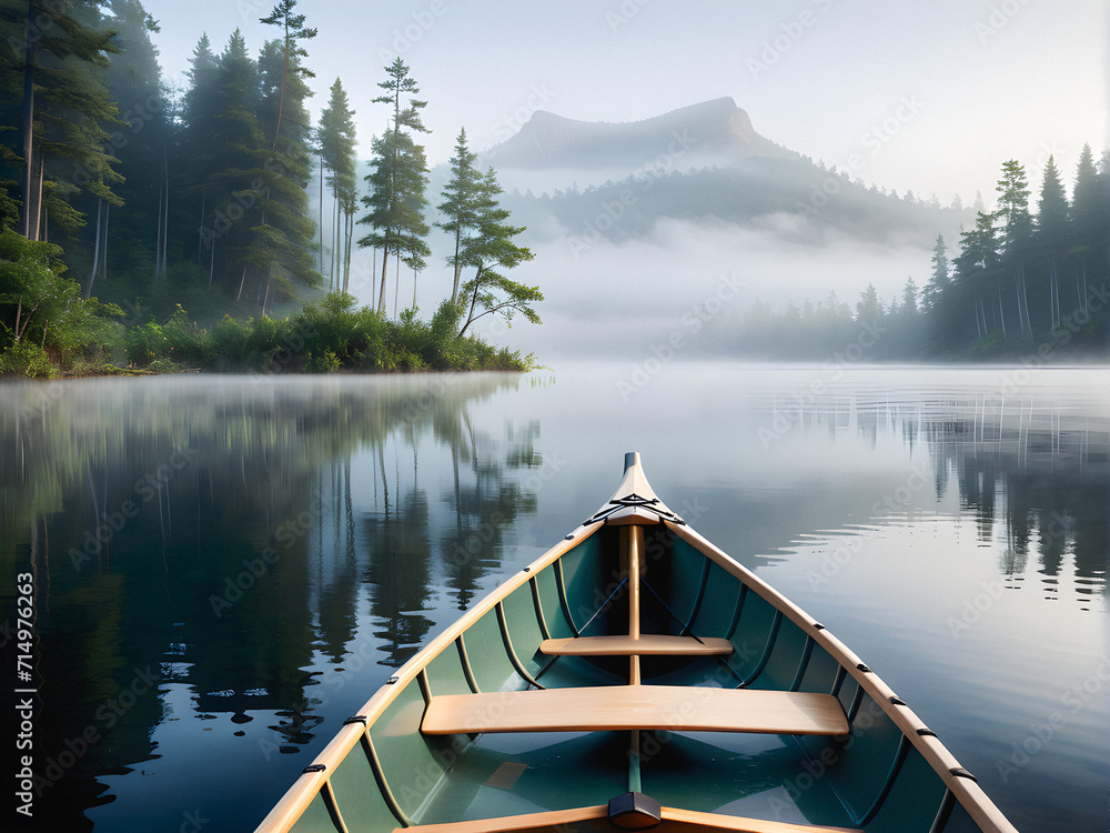 Misty Serenity: Tranquil Morning on the Lake with Canoe Bow Floating in Peaceful Waters. generative AI