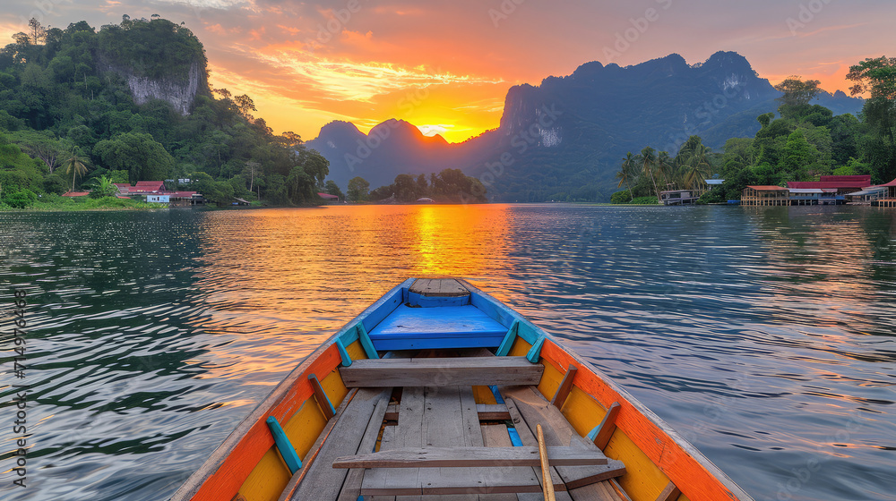 A boat on a tranquil lake with a sunset backdrop.