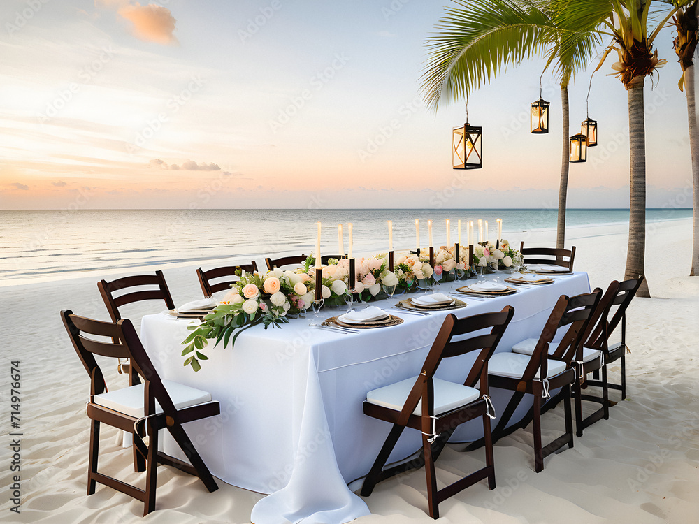 Seaside Romance: Captivating Valentine's Day Table on the Beach with Lanterns, Flowers, and Ocean Views. generative AI