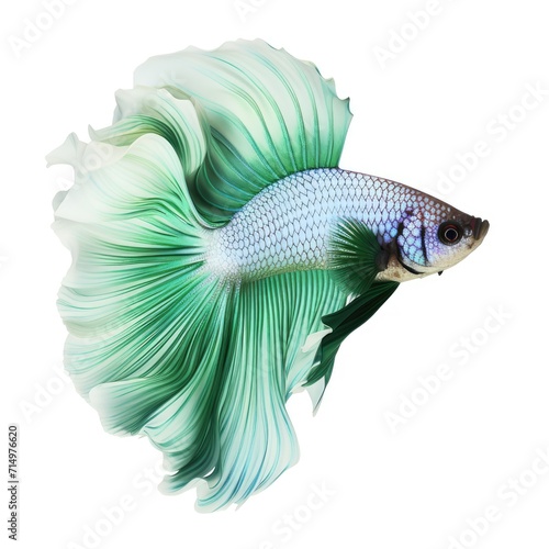 Green and white halfmoon beta fish isolated on white background, turquoise color siamese fighting fish © Muhammad