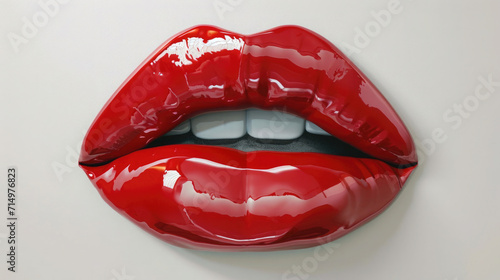 glossy seductive lips painted with red lipstick, female mouth, on a white background photo