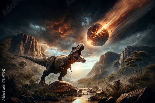 Roaring Tyrannosaurus Rex, fiery asteroid in the sky, set against a dramatic landscape of mountains and rivers at dusk