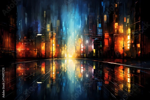 Abstract city lights reflected in rain-soaked streets, with the gradient of colors creating a captivating urban nighttime scene.