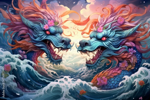 Ferocious storm dragons in Fantasy - Generative AI © Sidewaypics