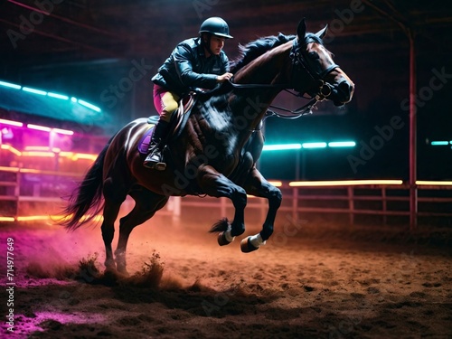 horse racing horse Jockey riding a horse in the city at night. Equestrian sport