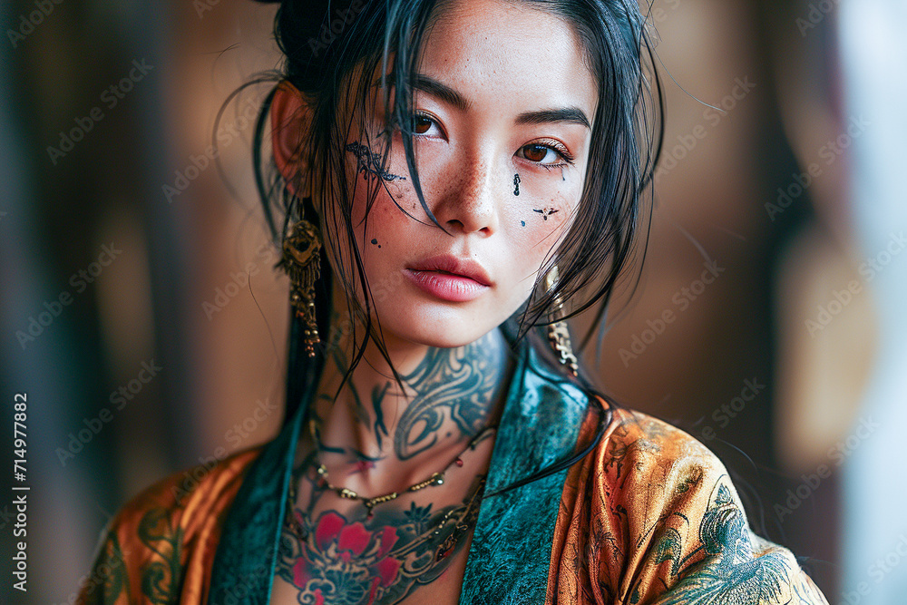 Portrait of an attractive long-haired chinese model with an elaborate tattoo Portrait of an attractive long-haired chinese model with an elaborate tattoo