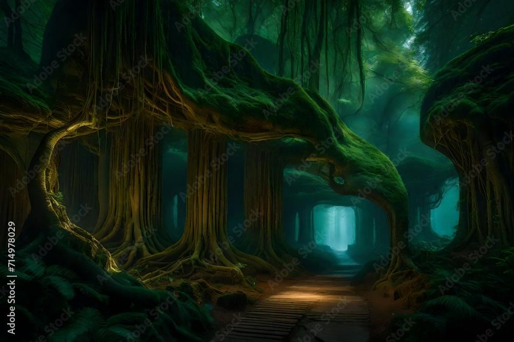 In a magical fantasy world where no one is present, discover an ancient, mystical city hidden within the roots of towering trees