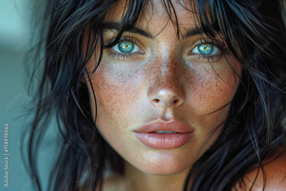 Focus on the bright blue eyes of the womans face with freckles