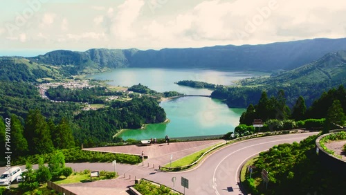 Aerial shot picturesque paradise of Sete Cidades in Azores, Sao Miguel. Volcanic craters and stunning lakes. Ponta Delgada, Portugal. Natural wonders, landmarks and tourist attractions concept