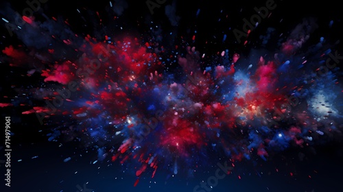 Abstract firework-like bursts of ruby red and sapphire blue against a pitch-dark sky. © LOVE ALLAH LOVE