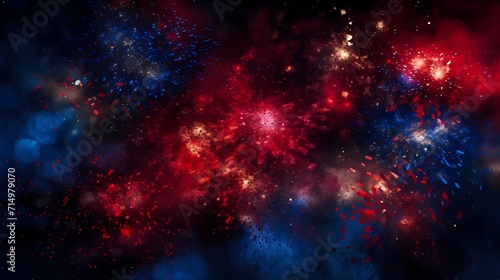Abstract firework-like bursts of ruby red and sapphire blue against a pitch-dark sky. © LOVE ALLAH LOVE