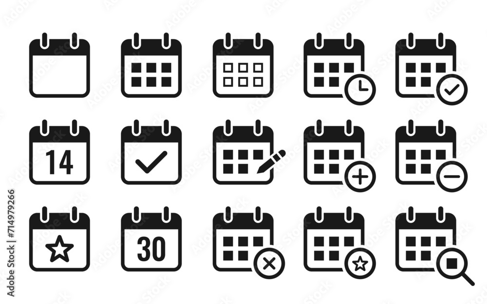 Calendar icon set. Containing date, schedule, month, week, appointment, agenda, organization, and event icons.