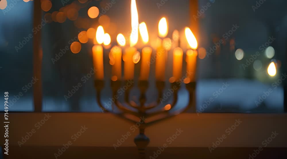 a lit menorah sitting in front of a window a lit menorah sitting in front of a window