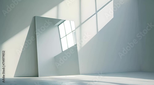 an empty room with a large mirror in it photo