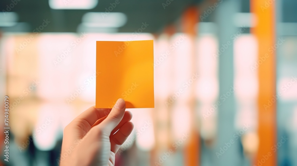 man holding empty blank yellow paper note with urban modern indoor office building as background, idea for memory improvement and memorize concept, Generative Ai - obrazy, fototapety, plakaty 