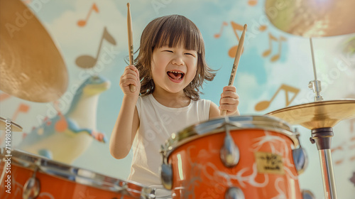 Joyful child playing drums with bright, musical background. Perfect for themes of music, happiness, and childhood.