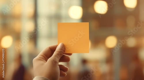 man holding empty blank yellow paper note with urban modern indoor office building as background, idea for memory improvement and memorize concept, Generative Ai photo