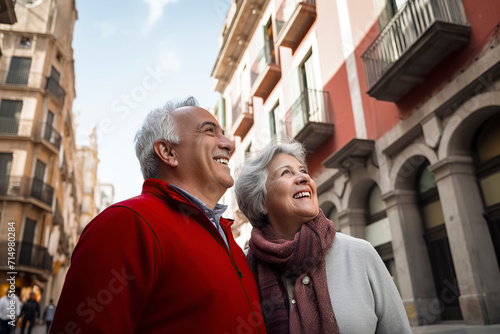 smiling mature couple sightseeing in a city, aki generative photo