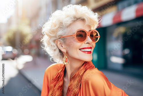 Mature pretty blonde girl with sunglasses and red lips smiling on the street, ai generative