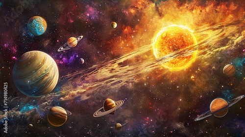 A vibrant and colorful space scene with various planets and celestial bodies Generative AI