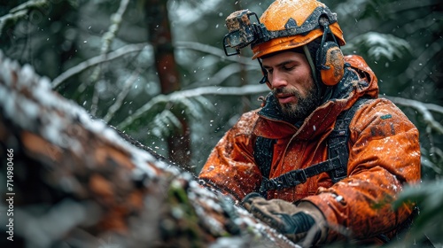 A Logger Felling a Large Tree in a Dense Forest, Wearing Safety Gear and Using a Chainsaw