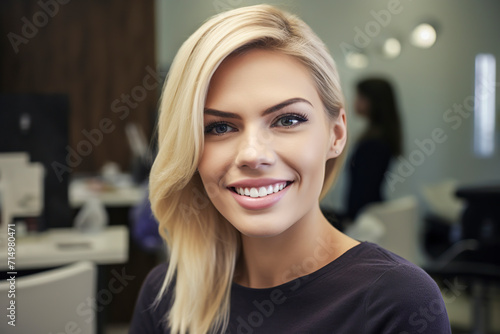 smiling blonde woman in a workplace setting, with another person and office equipment in the background, ai generative