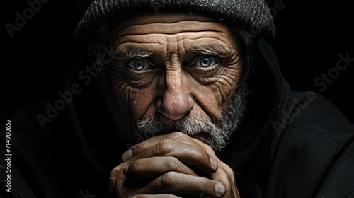Thoughtful elderly man with clasped hands and dark hoodie.Generative AI.