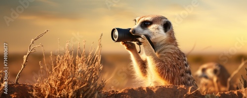 A meerkat with binoculars, keeping an eye on the distant horizon in a tranquil setting. © ANDREI