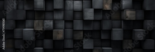 the wall is made of black wooden cubes, natural background. woodworking products. banner, texture for your design.