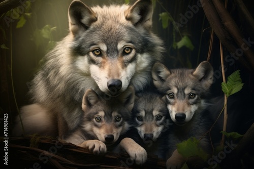 grey mother wolf with her young ones, cozy cuddles together in her lair. animal family, motherhood in animals. © MaskaRad