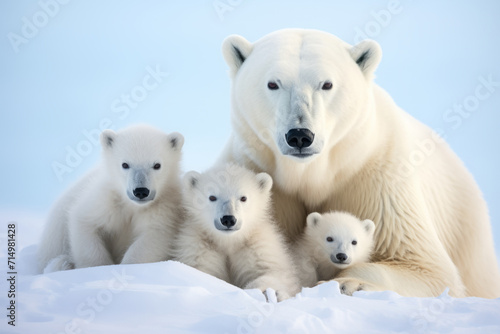 mother polar bear with her young ones , cuddled together, against the background of a snow. wildlife, motherhood in animals.