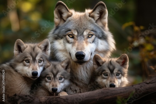 gray mother wolf with her cubs, litter cozy cuddles together in her burrow. wildlife, motherhood in animals. brood.