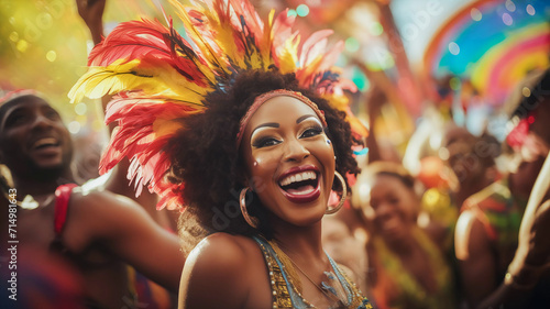 Radiant Revelry: Beautiful Carnival-Goer, Smiling with Cascading Brown Locks