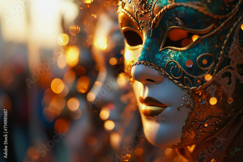 Glamorous Elegance: Carnival Mask Shines Against a Glittering Blurred Background