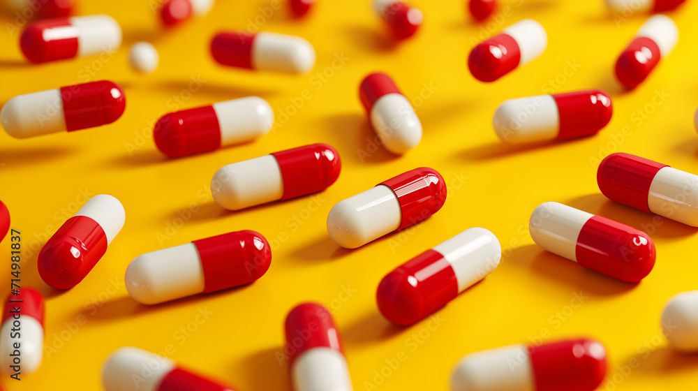 red and white medicine pill capsules gracefully falling against a vibrant yellow background.