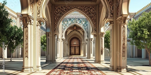 3D design concept for the main entrance of an Islamic boarding school, incorporating ornate arches and Islamic geometric patterns