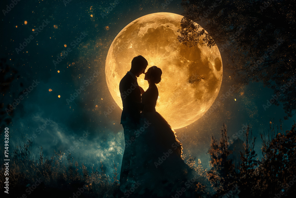 Romantic Couple Silhouette Against Full Moon