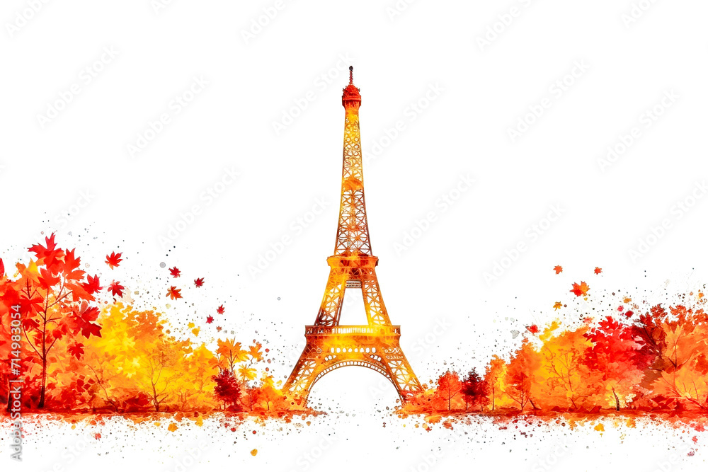  Artistic rendition of the Eiffel Tower, its iron lattice merging with a splash of autumn leaves, ideal for evoking the allure of travel and the timeless charm of France's capital in the fall