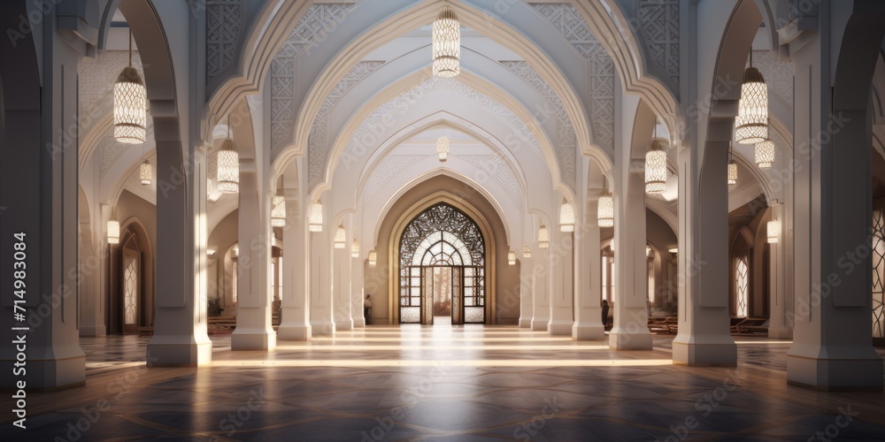 3D design concept for the main entrance of an Islamic boarding school, incorporating ornate arches and Islamic geometric patterns 3D design concept for the main entrance of an Islamic boarding school, incorporating ornate arches and Islamic geometric patterns