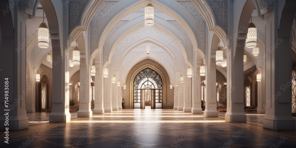 3D design concept for the main entrance of an Islamic boarding school, incorporating ornate arches and Islamic geometric patterns