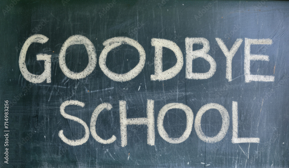 Obraz premium Goodbye school. Chalk inscription on the school green blackboard on the wall. graduation. end of the educational process, the academic year. beginning of the holidays.