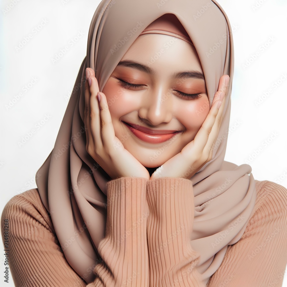 an asian muslim woman in a hijab holds her cheek with her eyes closed on a white background an asian muslim woman in a hijab holds her cheek with her eyes closed on a white background